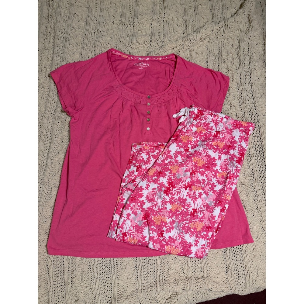Croft & Barrow Intimates Womens XXL Pink Henley Top Floral Pajama Set 2pc Cotton